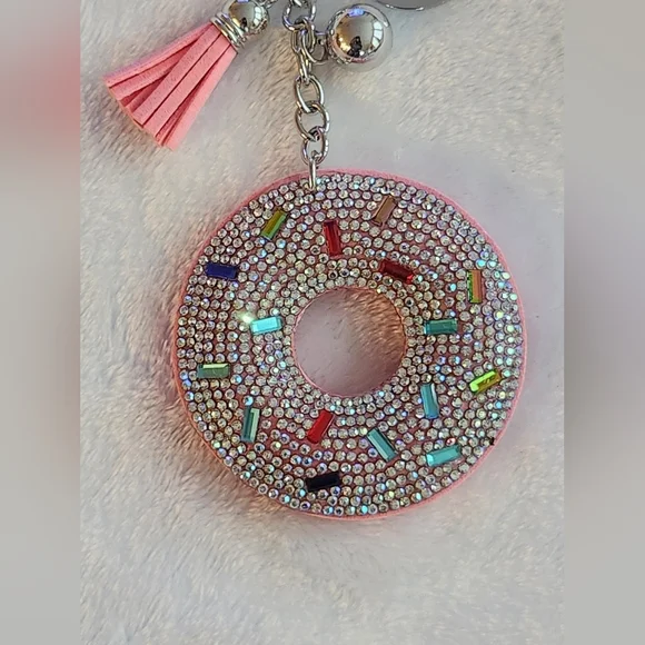 Pink Rhinestone Donut With Sprinkles  Keychain Bag Charm - Picture 2 of 3